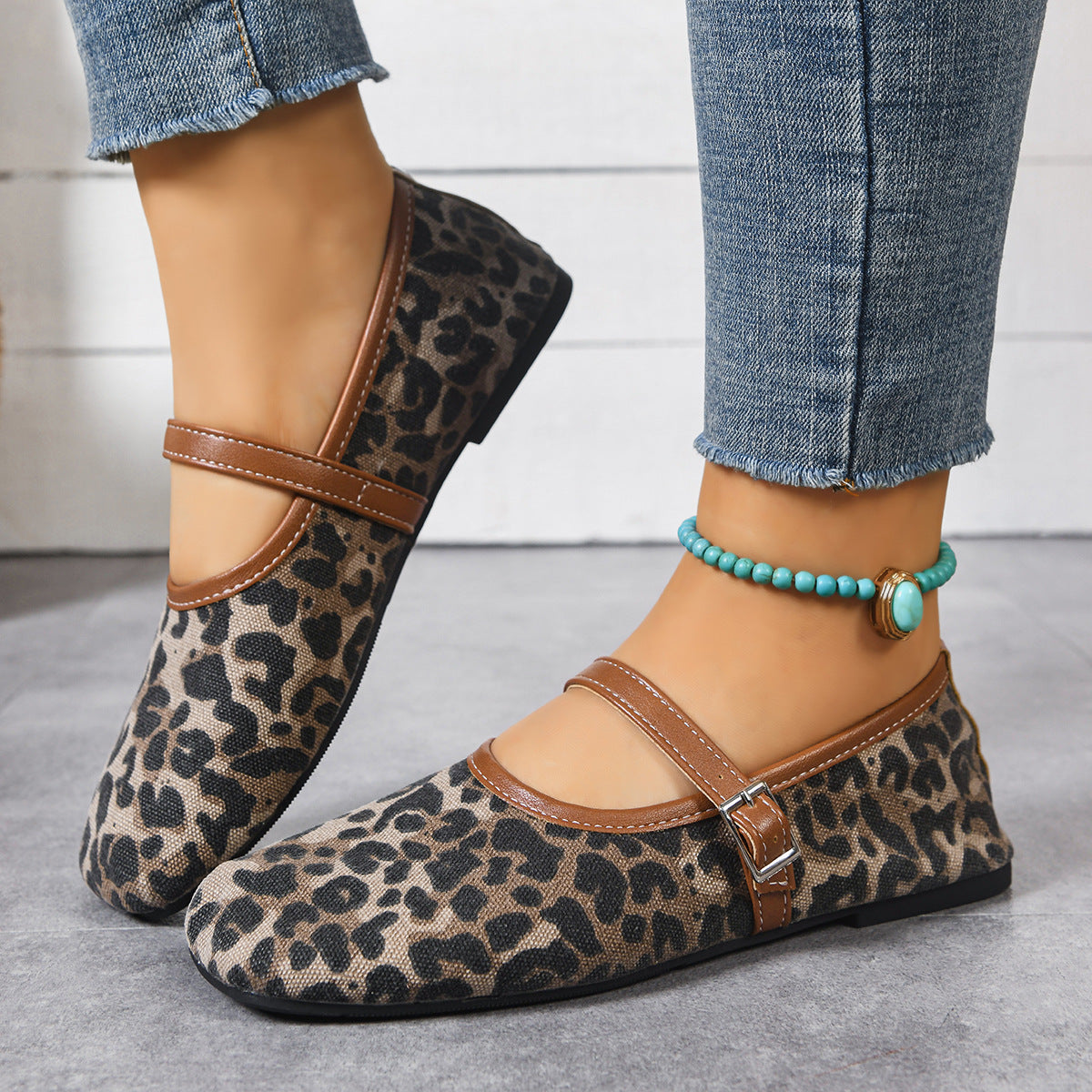 Women's Animal Print Mary Jane Flats with Adjustable Strap