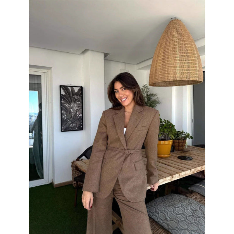 Women's Belted Blazer with Notched Lapels and Side Pockets