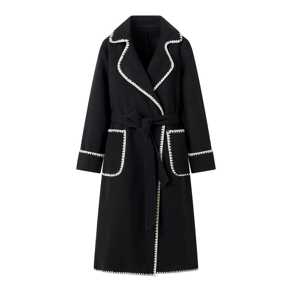 Women's Notch Collar Coat with Contrast Trim and Belt