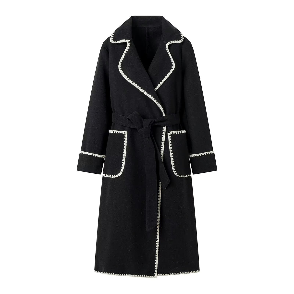 Women's Notch Collar Coat with Contrast Trim and Belt