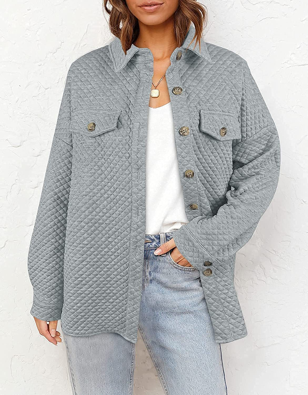 Women's Quilted Shirt Jacket Button-Front with Patch Pockets