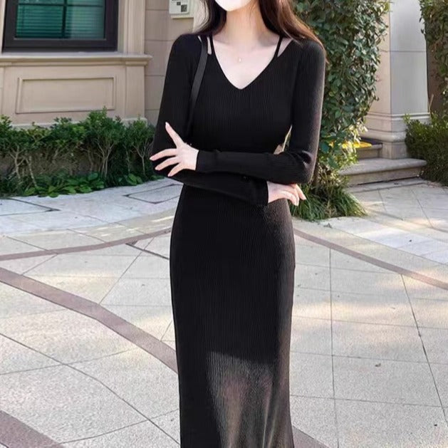 Women's Ribbed V-Neck Midi Dress with Long Sleeves