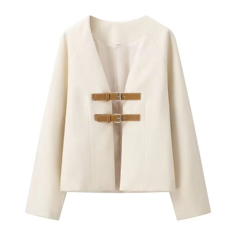 Women's Buckle-Front Teddy Jacket with V-Neck