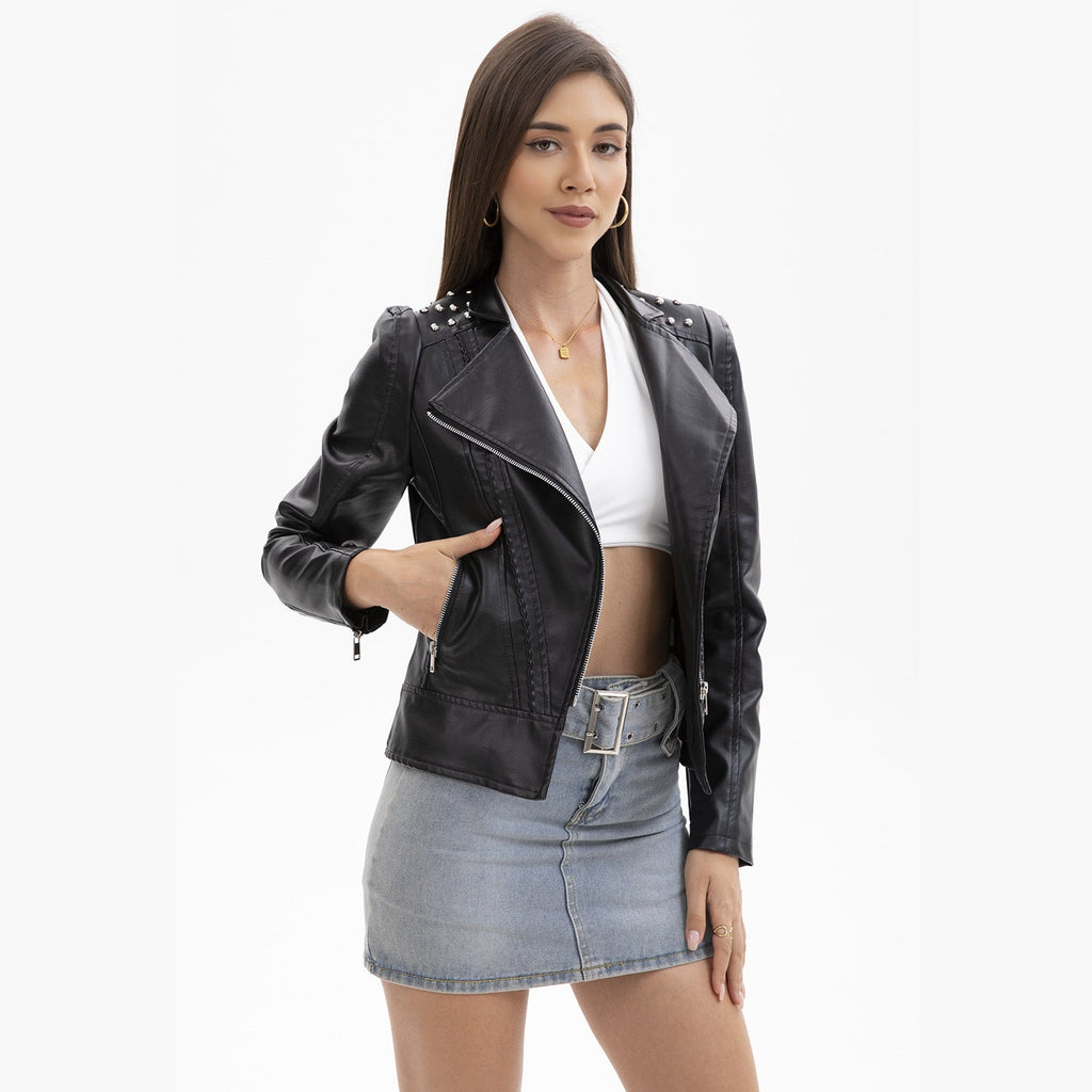 Women's Asymmetric Zip Moto Jacket with Stud Shoulder Detail