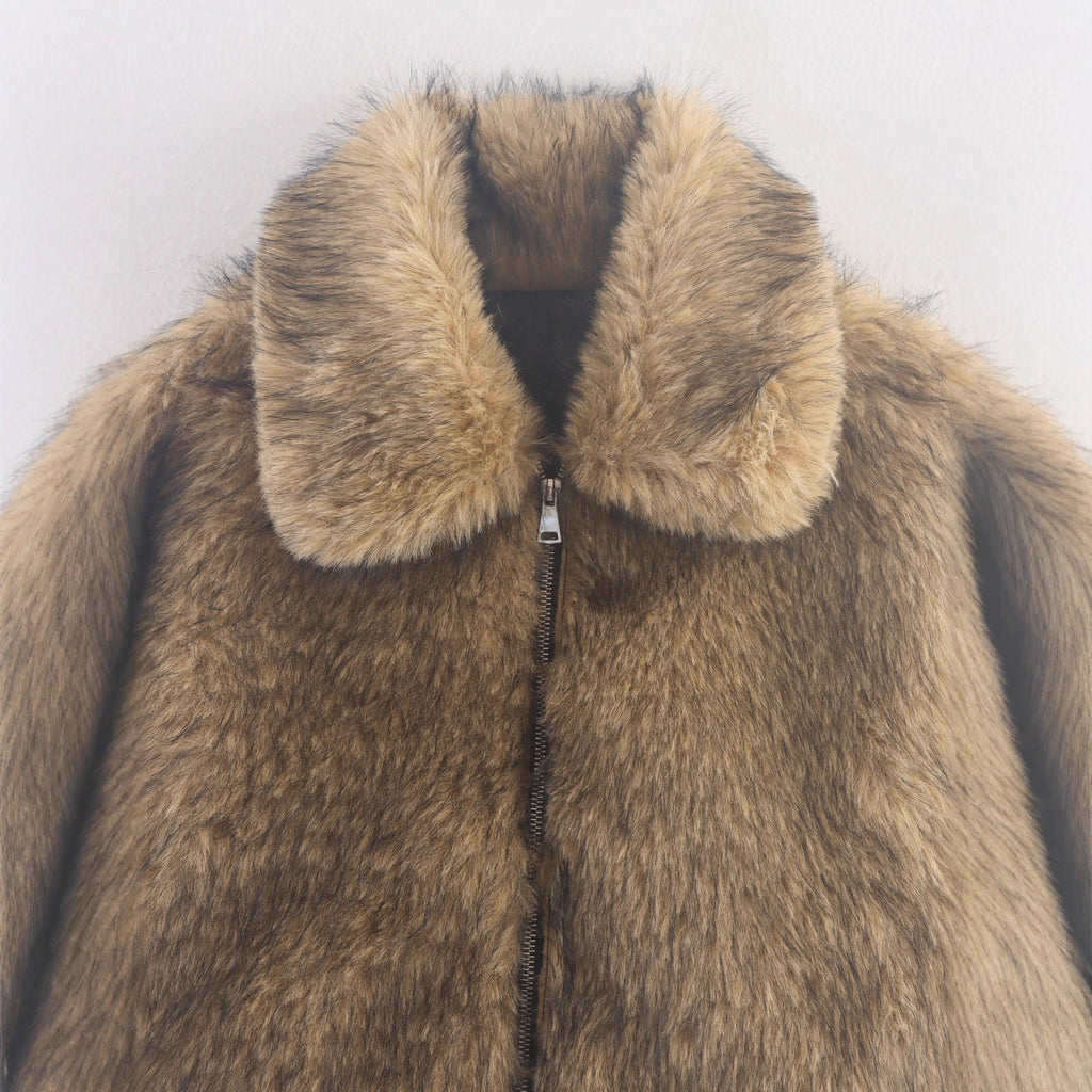 Women's Faux Fur Jacket with Oversized Collar and Zip Front
