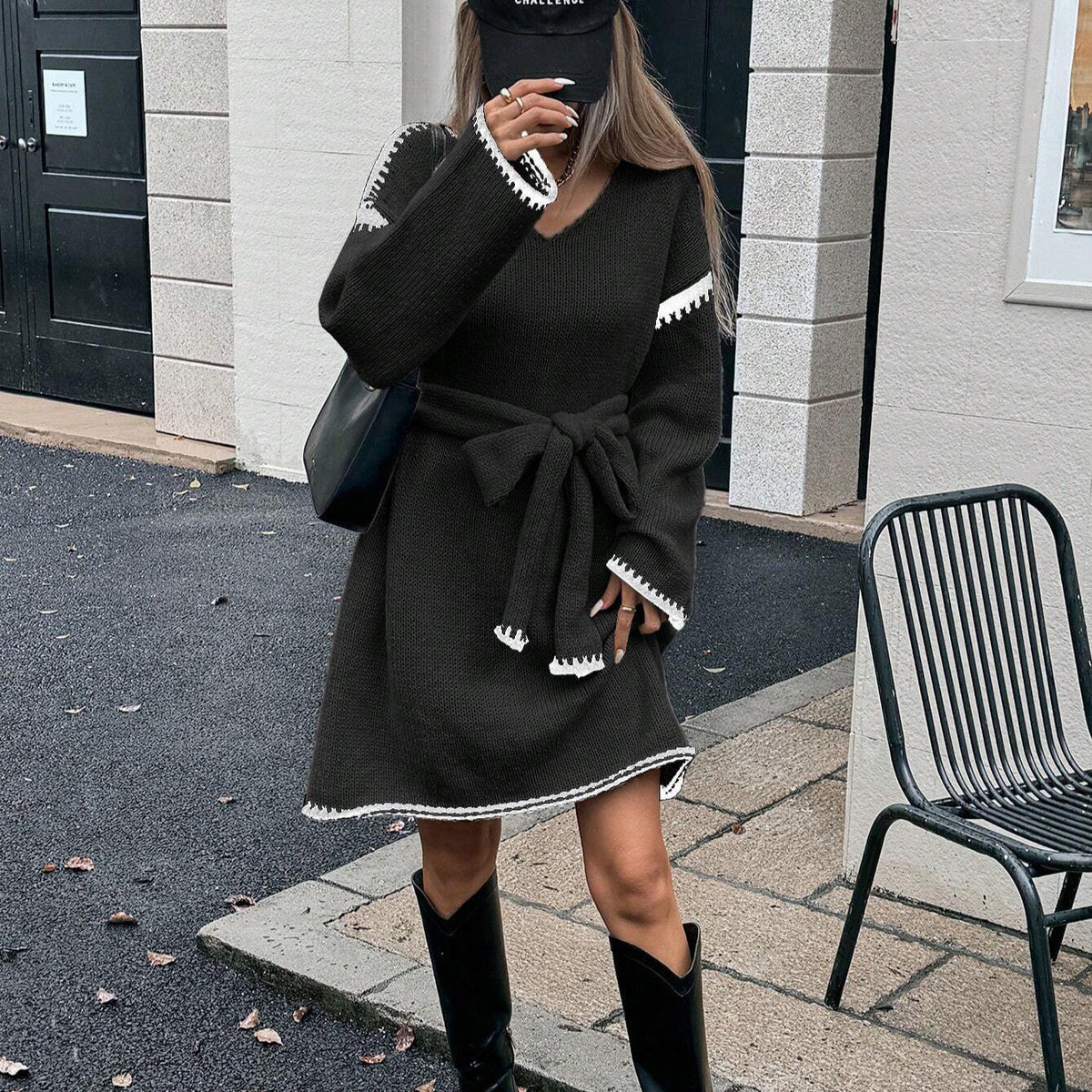 Women's V-Neck Sweater Dress with Tie Belt and Trim