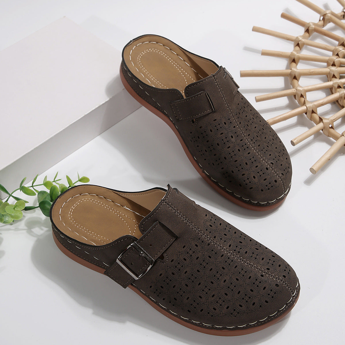 Women's Perforated Slip-On Mules with Buckle Strap