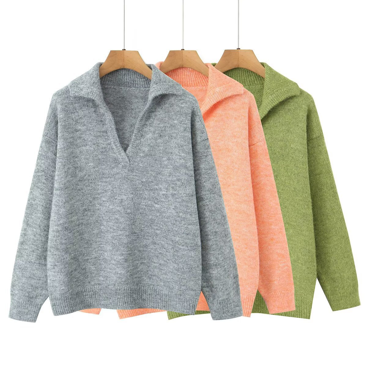 Women's Collared V-Neck Pullover Sweater Long Sleeve