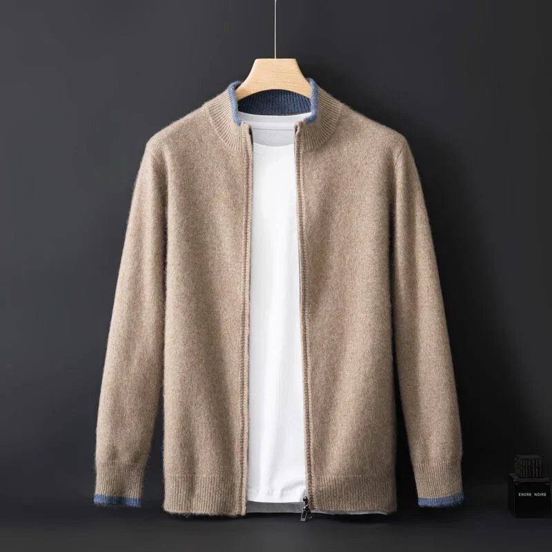 Unisex Knit Zip-Front Bomber Cardigan, Ribbed Collar