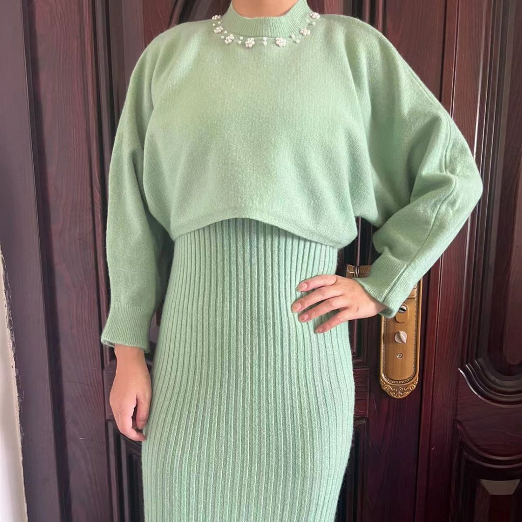 Women's Ribbed Sweater Dress Set with Pearl Collar