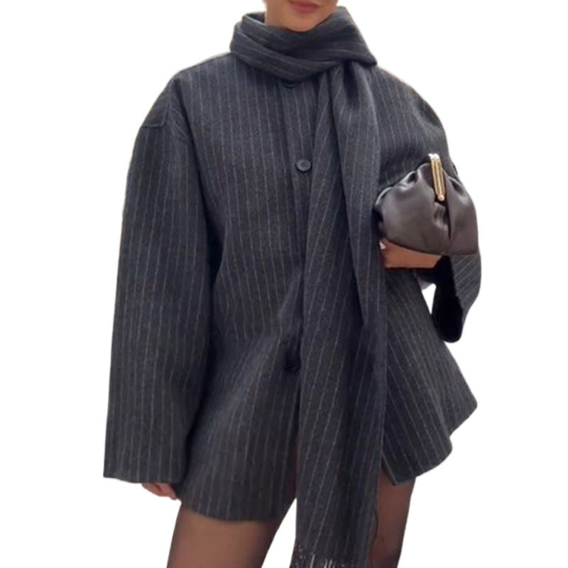 Women's Oversized Pinstripe Jacket with Fringe Detail