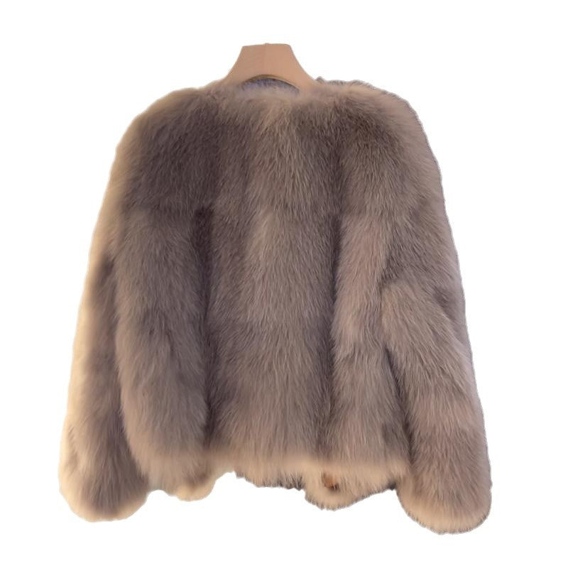Women's Faux Fur Jacket Open Front with Buckle Detail