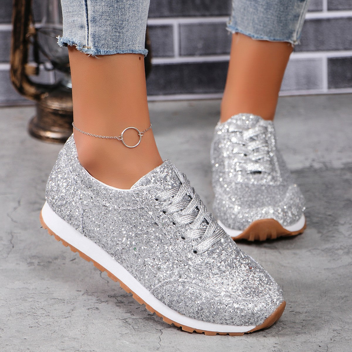 Women's Glitter Lace-Up Sneakers with White Sole