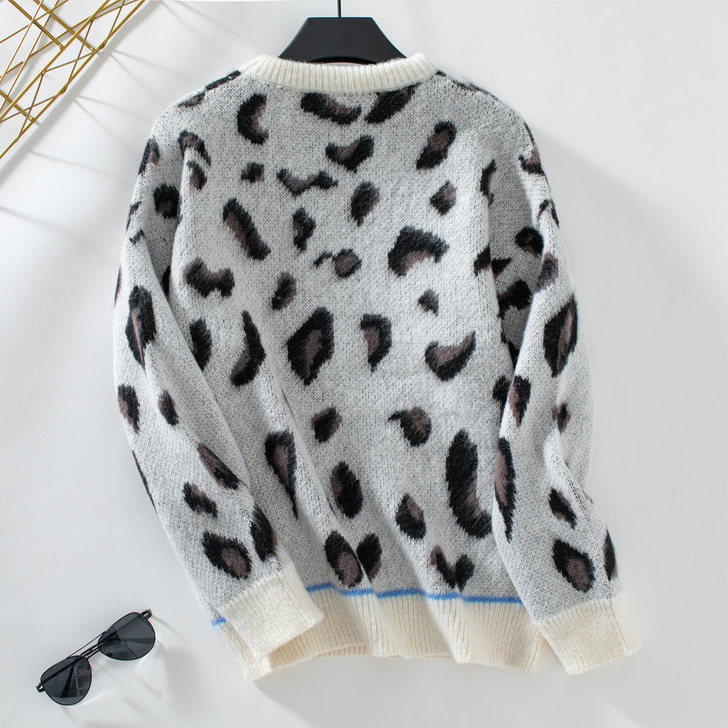 Women's Leopard Print Crew Neck Sweater Long Sleeve