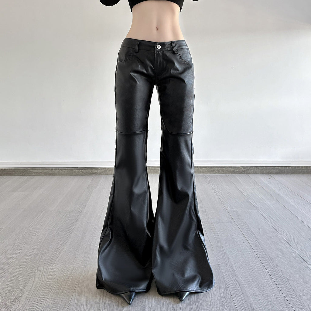 Women's Faux Leather Flare Pants Mid-Rise Button Closure