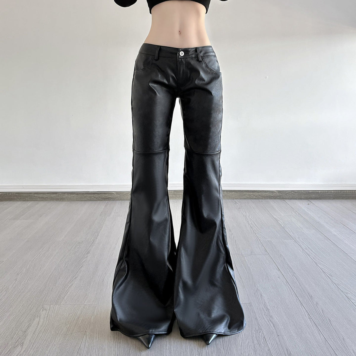 Women's Faux Leather Flare Pants Mid-Rise Button Closure