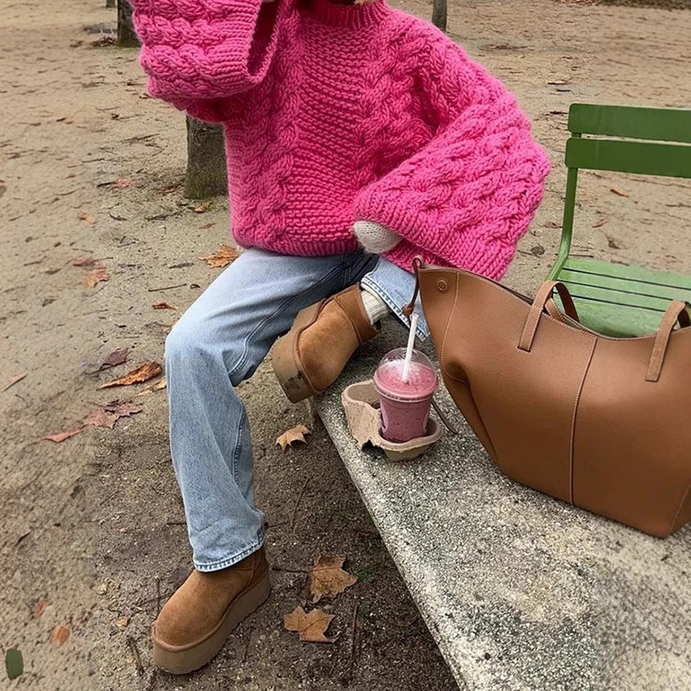 Women's Cable Knit Oversized Crew Neck Pullover