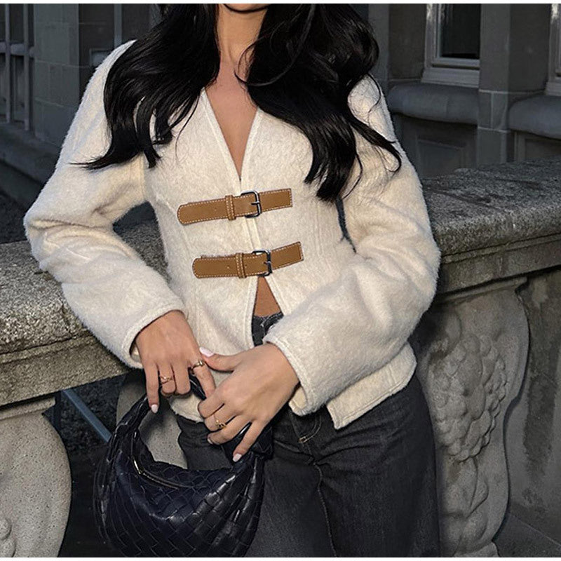 Women's Buckle-Front Teddy Jacket with V-Neck
