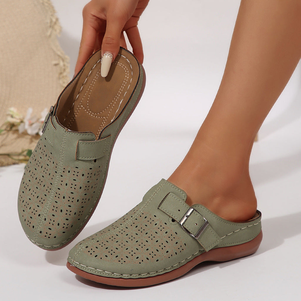 Women's Perforated Slip-On Mules with Buckle Strap