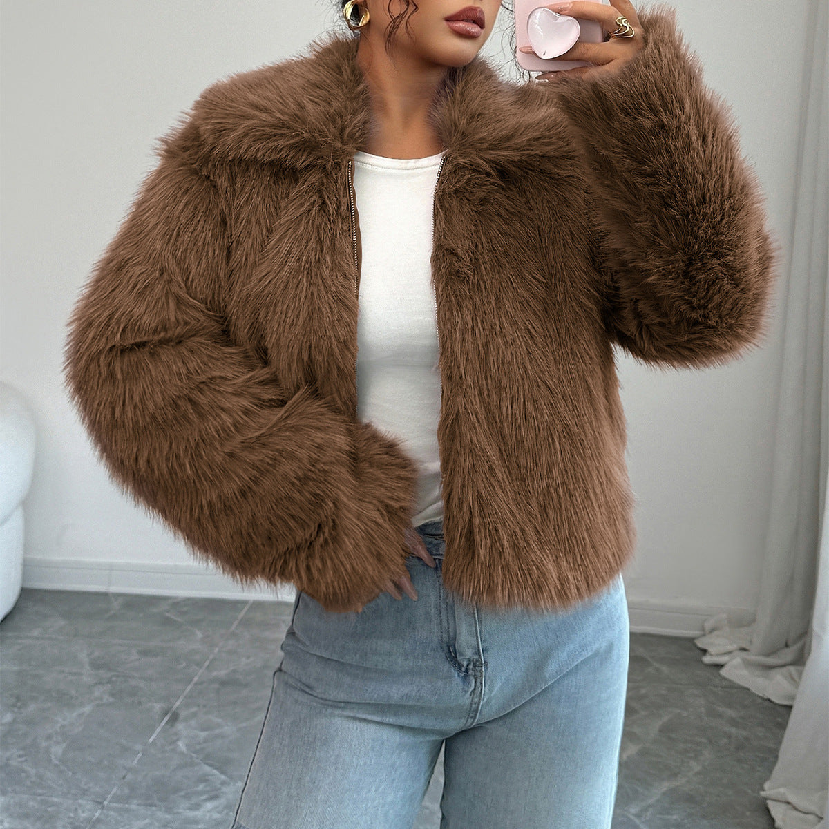 Women's Faux Fur Cropped Jacket with Stand Collar