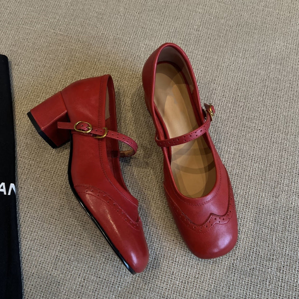 Women's Mary Jane Block Heel Pumps with Buckle Strap