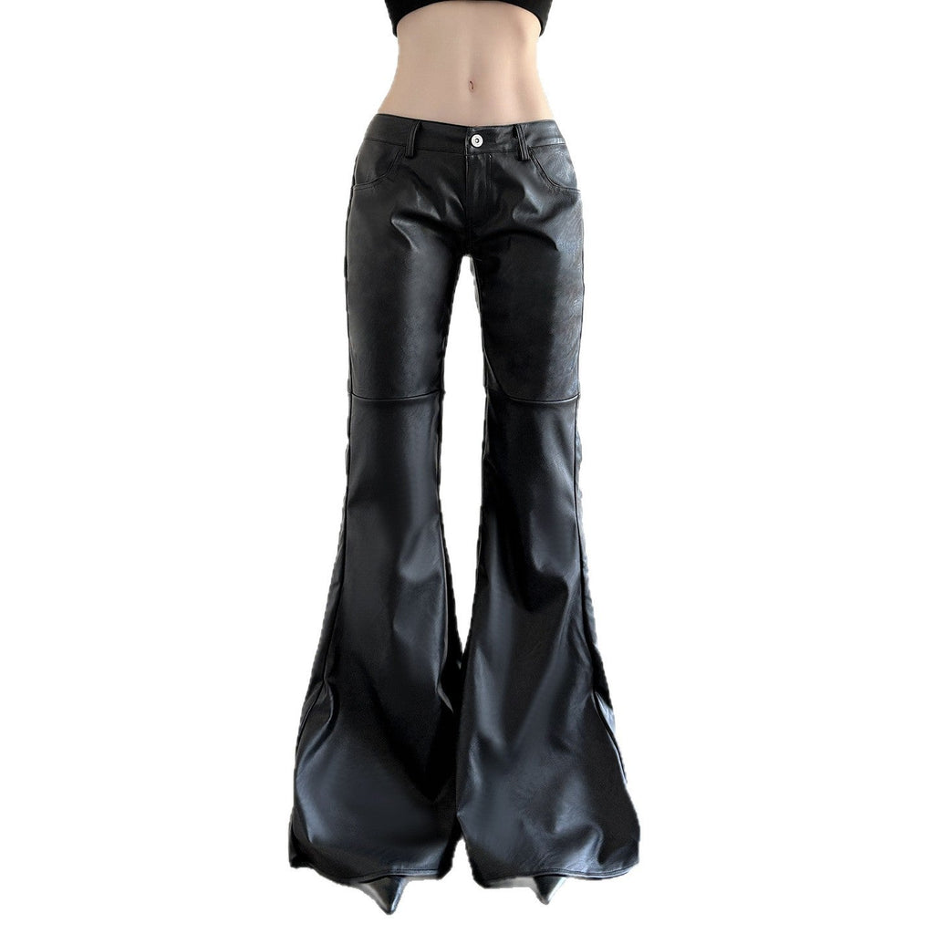 Women's Faux Leather Flare Pants Mid-Rise Button Closure