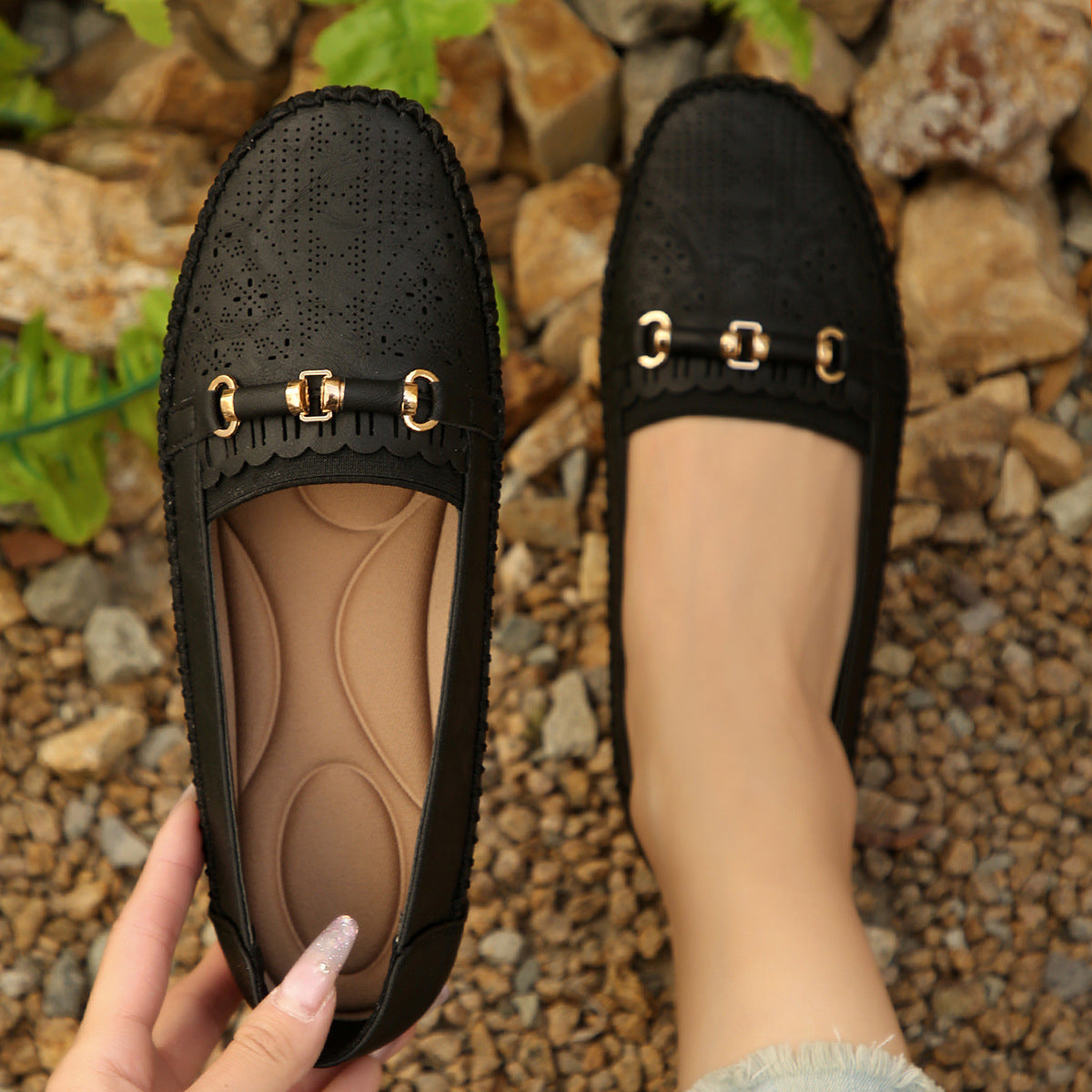 Women's Perforated Loafers with Gold Buckle Detail