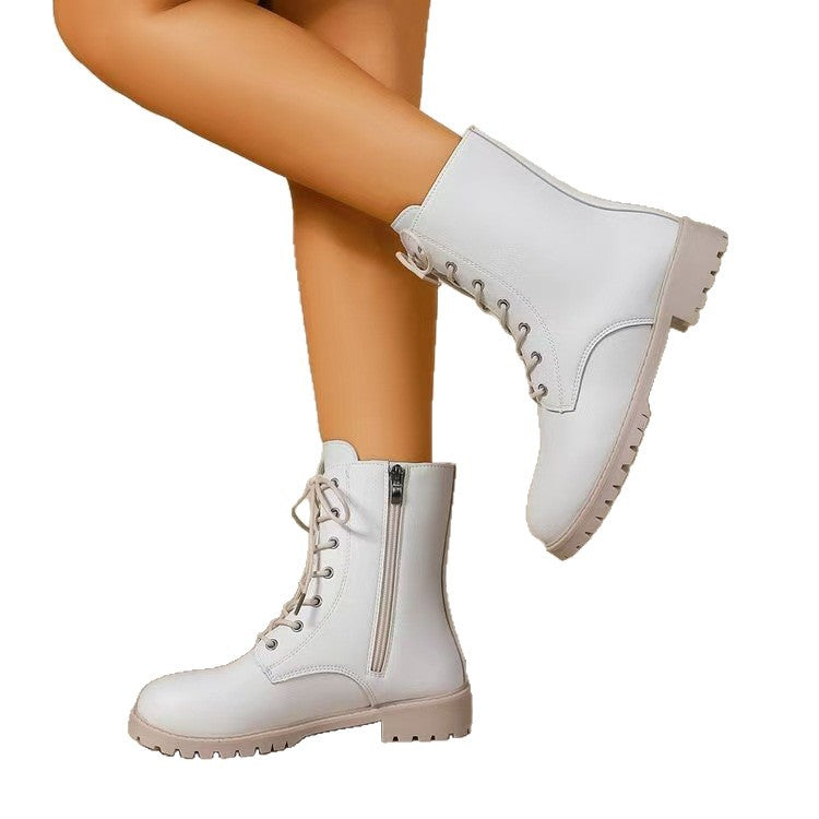 Women's Lace-Up Combat Boots with Side Zip and Lug Sole