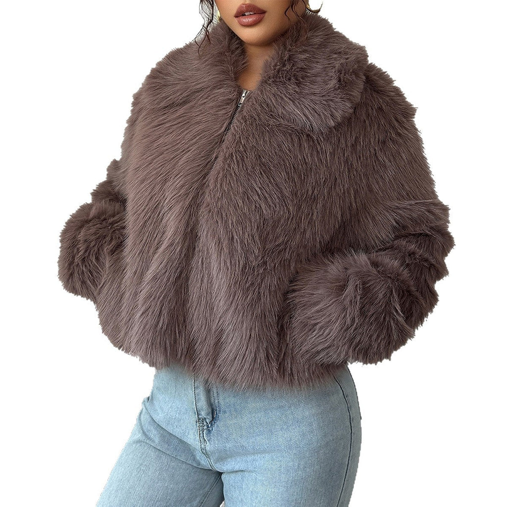 Women's Faux Fur Cropped Jacket with Stand Collar