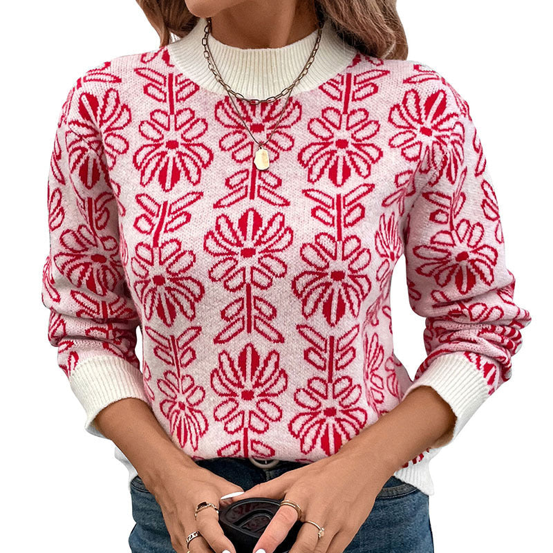 Damen Strickpullover mit floralen Mustern und elegantem Stehkragen Drune