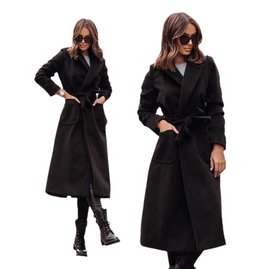Women's Belted Wrap Coat with Notch Collar and Pockets