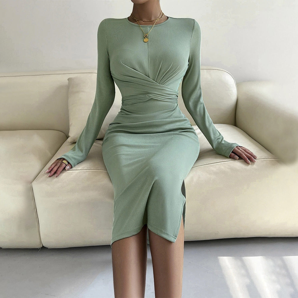 Women's Long Sleeve Bodycon Midi Dress with Wrap Detail