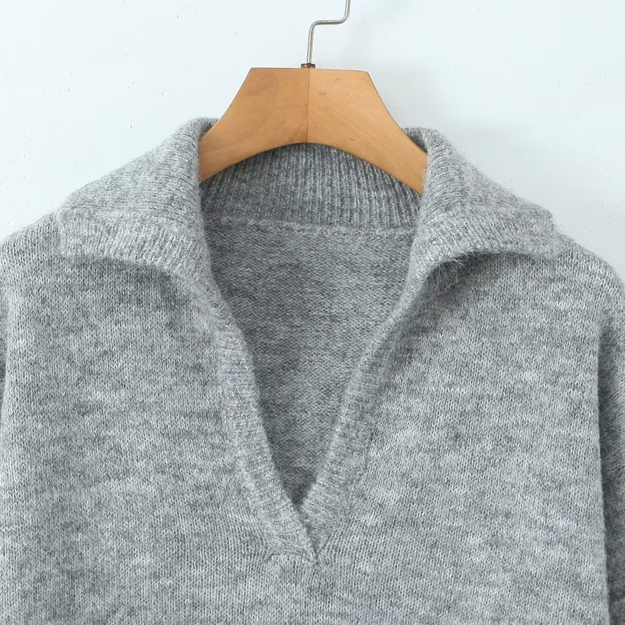 Women's Collared V-Neck Pullover Sweater Long Sleeve