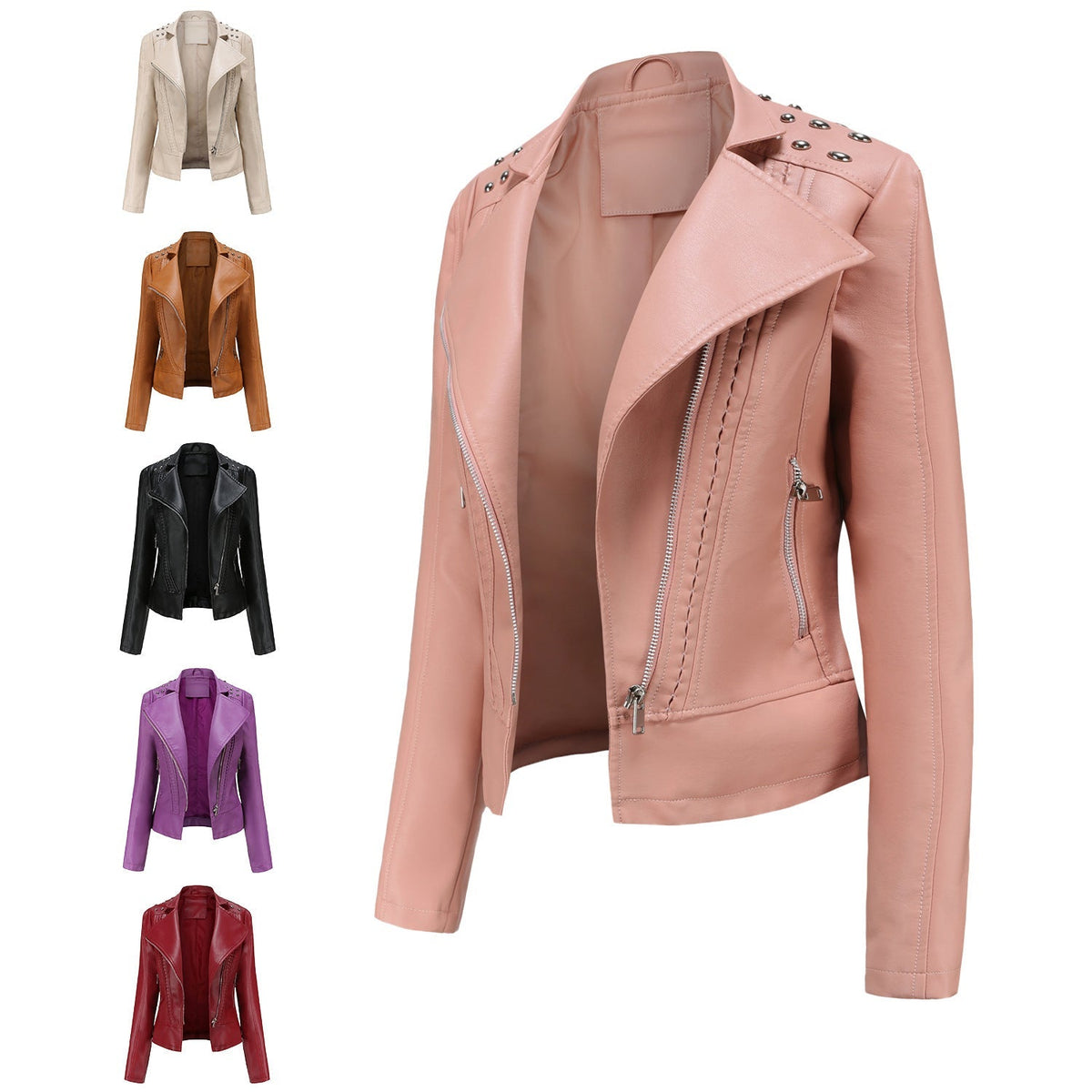 Women's Asymmetric Zip Moto Jacket with Stud Shoulder Detail