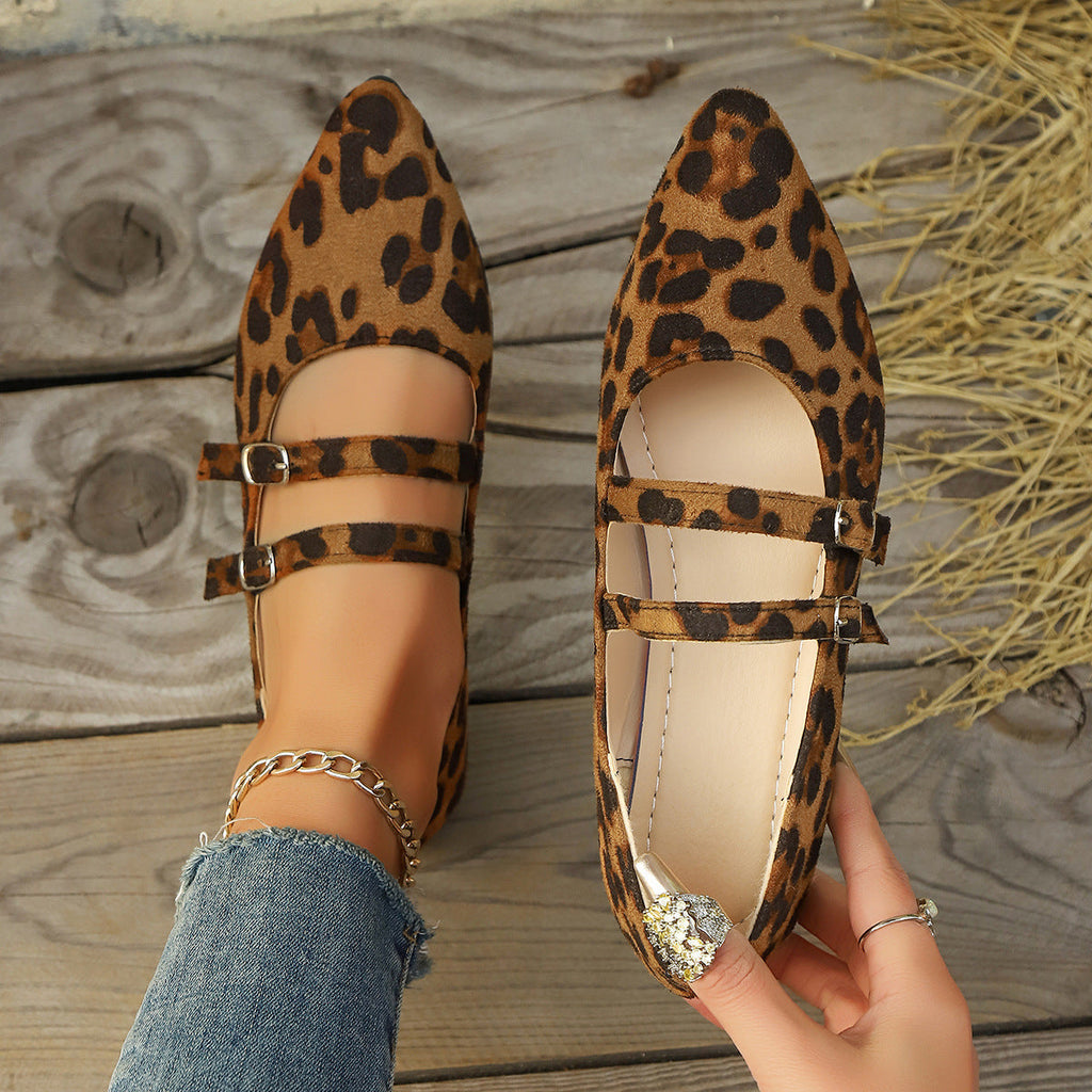 Women's Leopard Print Mary Jane Flats Double Buckle