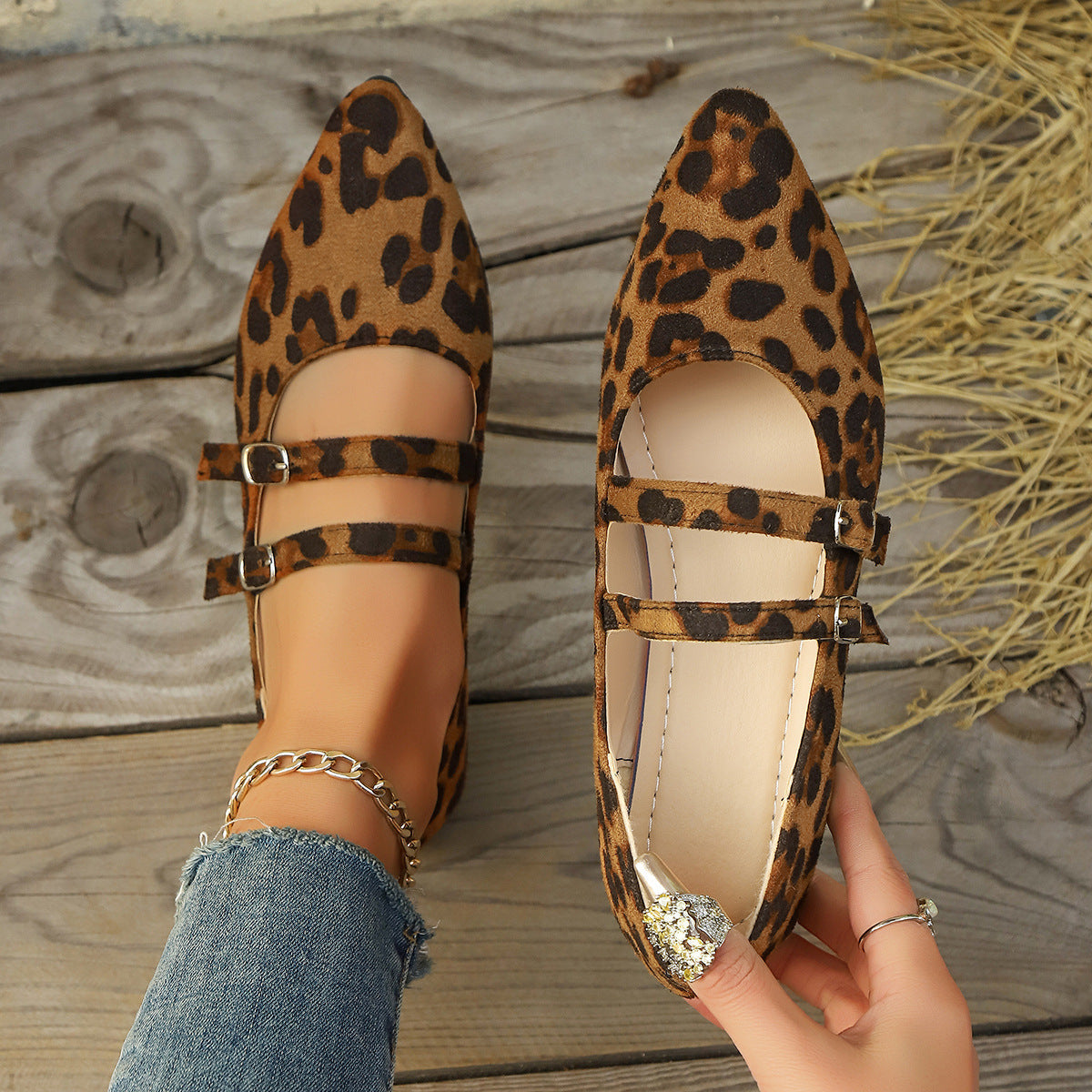 Women's Leopard Print Mary Jane Flats Double Buckle