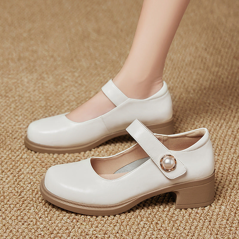 Women's Mary Jane Shoes with Pearl Button Strap Block Heel