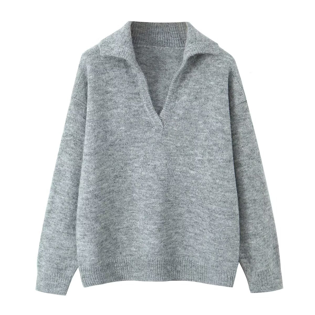 Women's Collared V-Neck Pullover Sweater Long Sleeve
