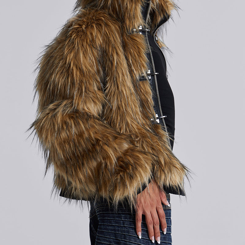 Women's Shaggy Hooded Zip-Front Jacket with Toggle Closures
