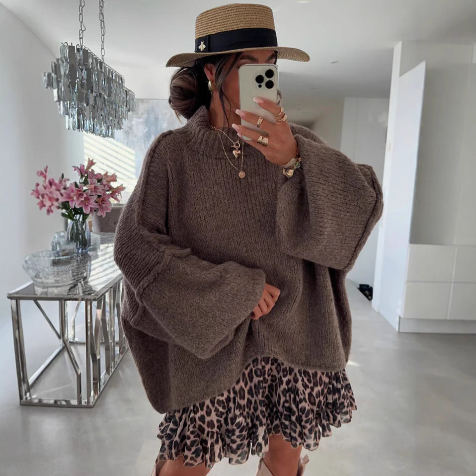 Women's Oversized High Neck Sweater with Balloon Sleeves