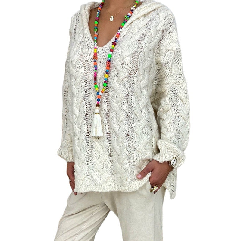 Women's Cable Knit Oversized Hooded Sweater V-Neck