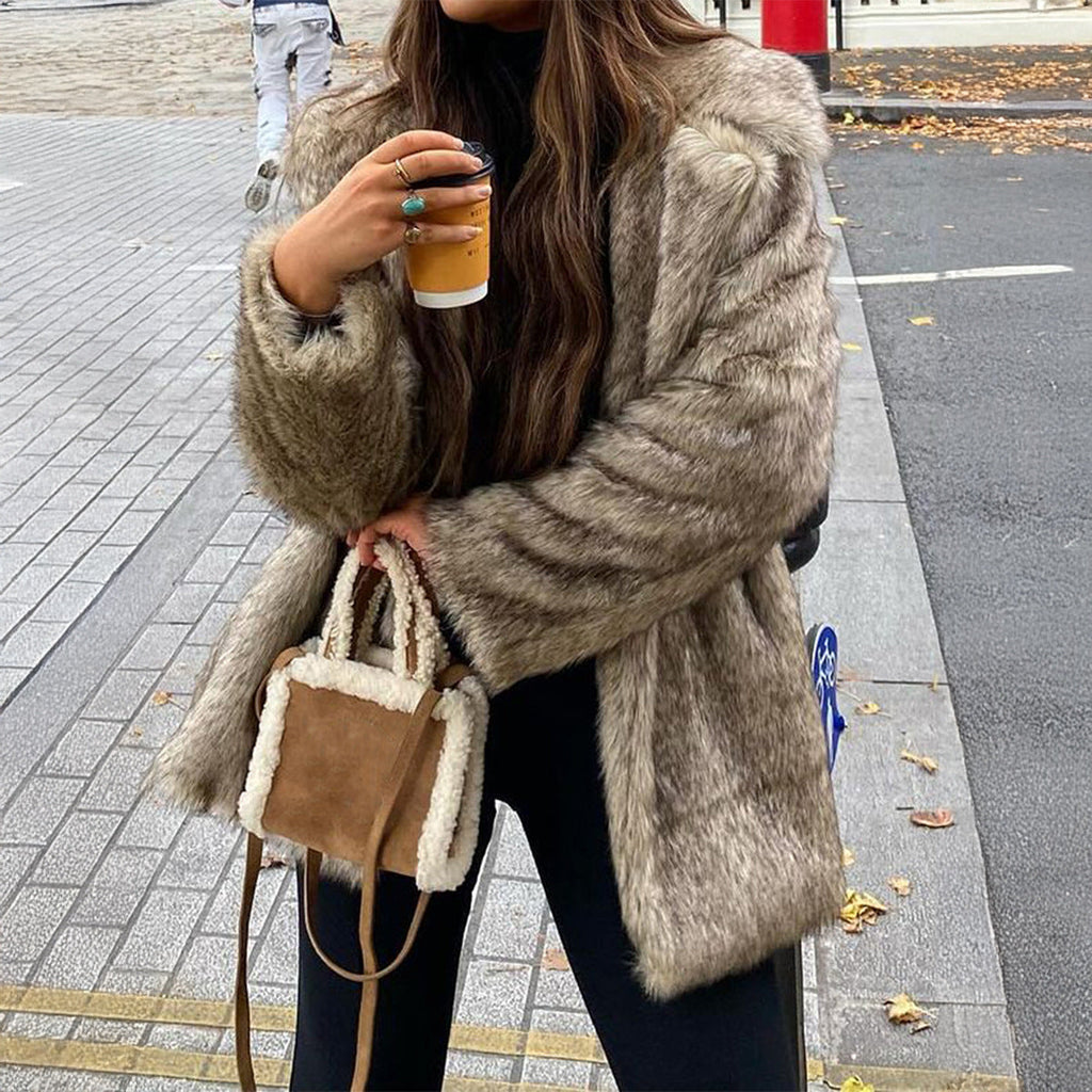 Women's Faux Fur Cropped Jacket with Stand Collar