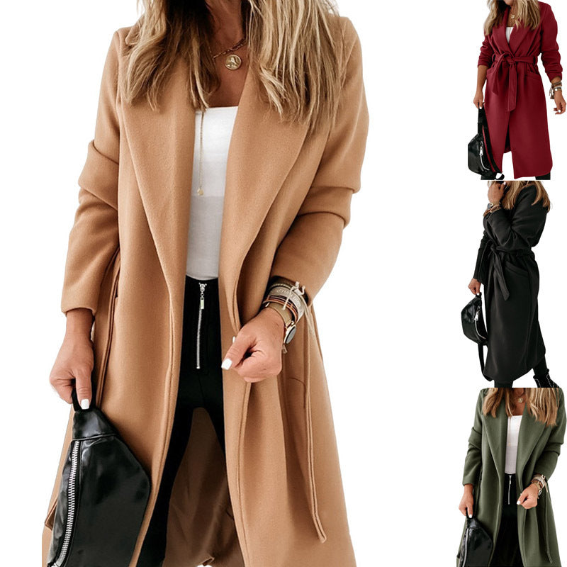 Women's Belted Open Front Midi Coat with Side Pockets
