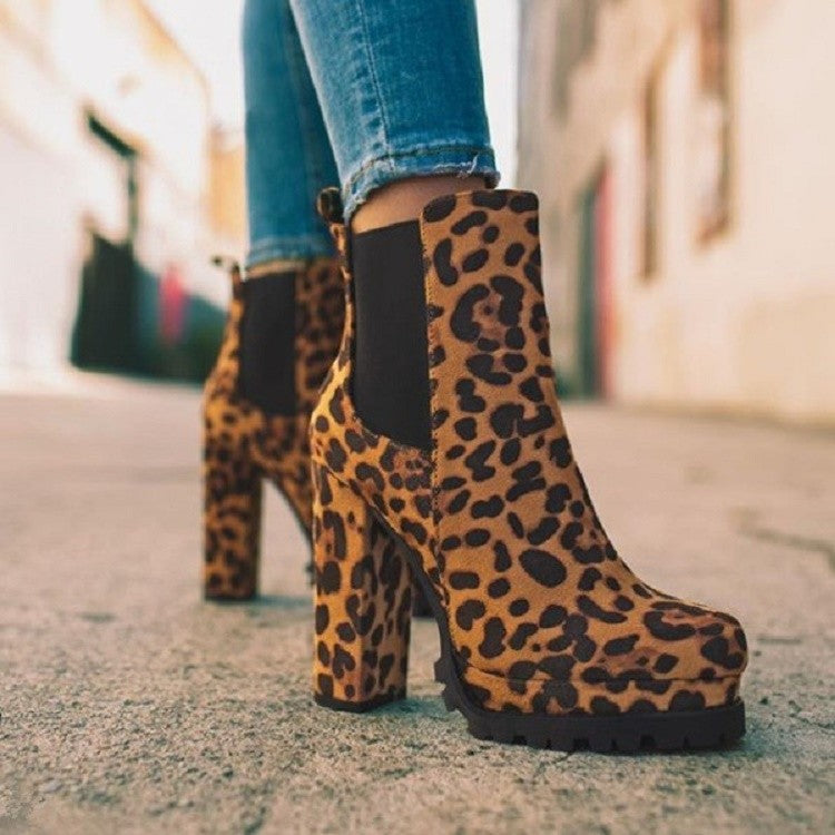 Women's Leopard Print Platform Chelsea Ankle Boots