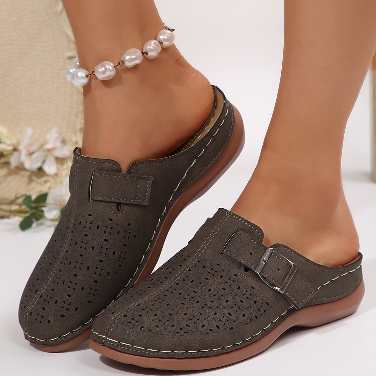 Women's Perforated Slip-On Mules with Buckle Strap