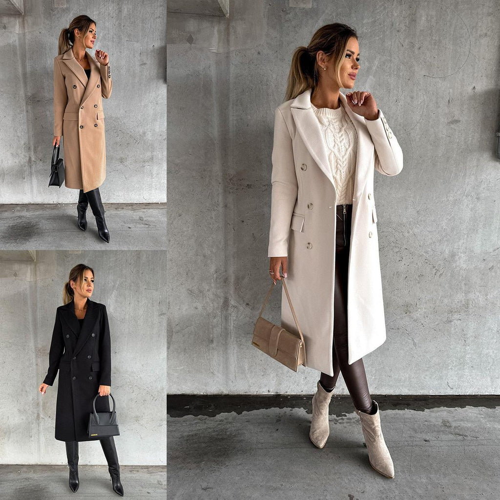 Women's Double-Breasted Long Coat with Notched Lapel