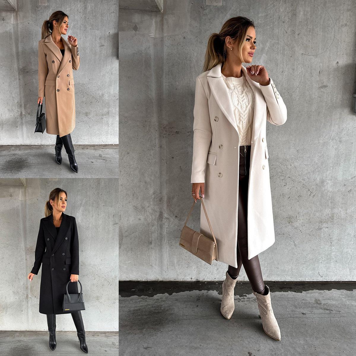 Women's Double-Breasted Long Coat with Notched Lapel