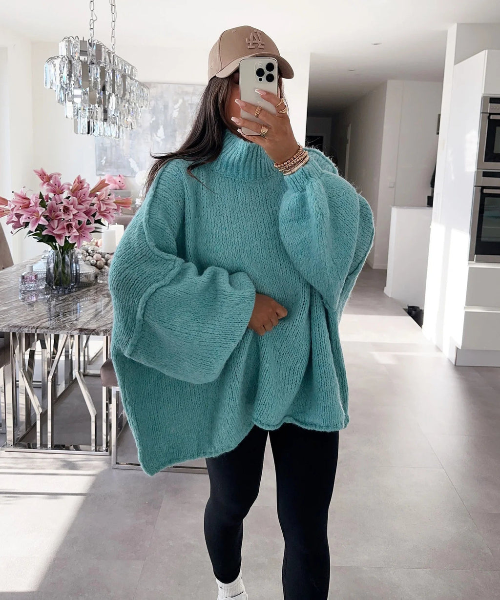 Women's Oversized High Neck Sweater with Balloon Sleeves