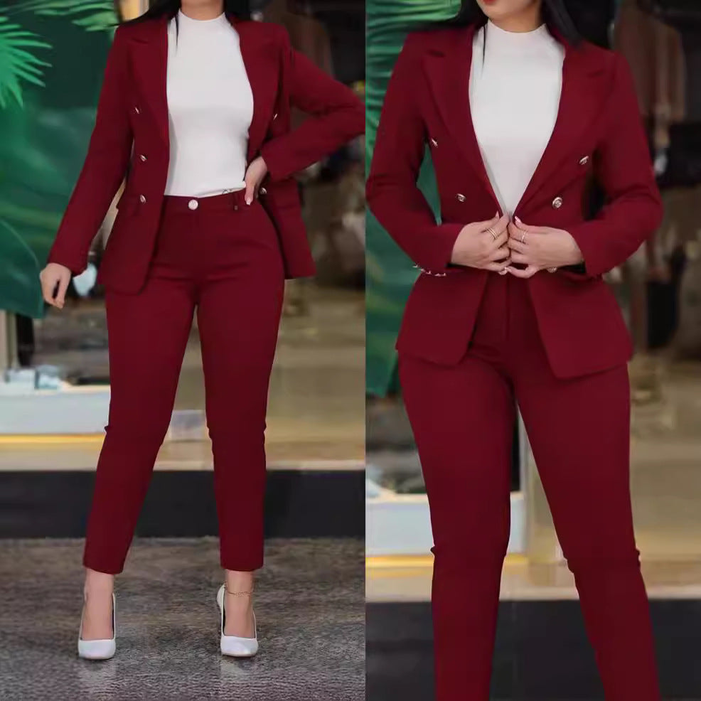 Women's Double-Breasted Blazer Suit Set with Tailored Fit