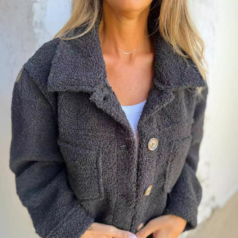 Women's Button-Front Teddy Jacket with Collared Neckline